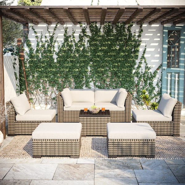 FESTIVITY 7-Piece Wicker Rattan Patio Outdoor Sofa Group with Beige Cushions