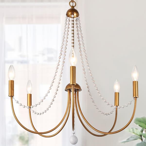 Uolfin Modern Dining Room Chandelier Light 5-Light Brushed Gold Candlestick Chandelier with Weathered White Wood Beads