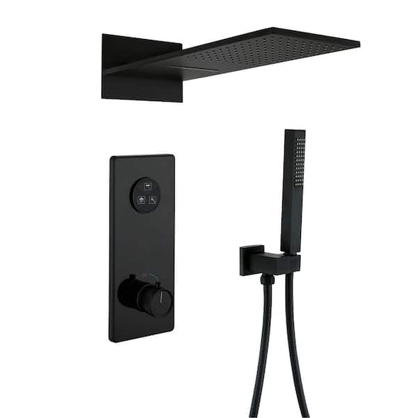 3-Spray Dual Wall Mount Fixed and Handheld Shower Head 1.59 GPM in Matte Black LED Digital Display Thermostatic Value