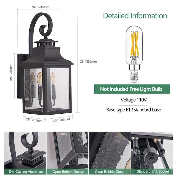 Black 2-Light Outdoor Hardwired Wall Lantern Sconce Outdoor Porch