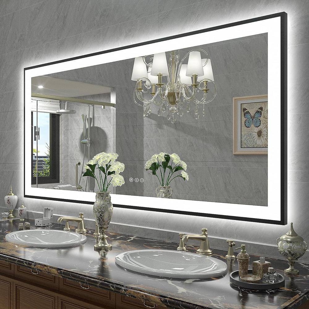 Apmir 72 in. W x 36 in. H Rectangular Space Aluminum Framed Dual Lights Anti-Fog Wall Bathroom Vanity Mirror in Tempered Glass, Matte Black -  L001B18191