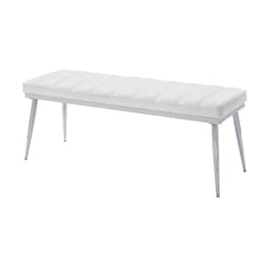 47 in. White and Chrome Backless Bedroom Bench with Vertical Chanel Tufts