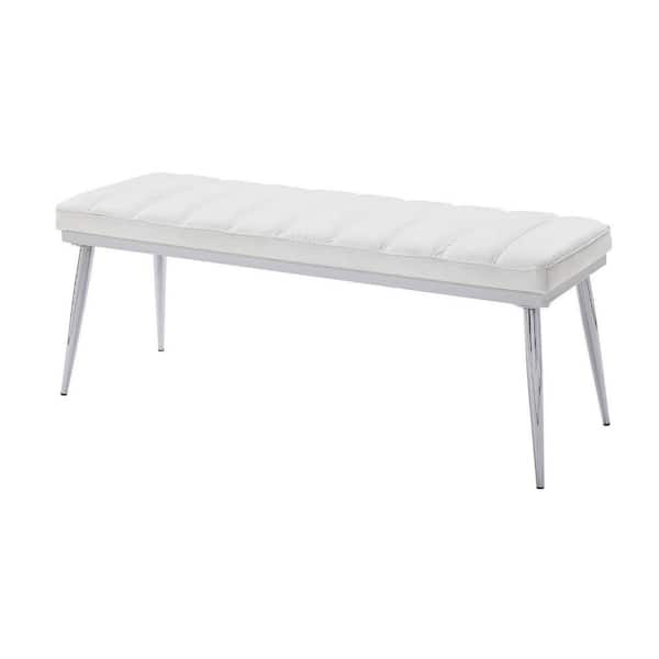 Benjara 47 in. White and Chrome Backless Bedroom Bench with Vertical Chanel Tufts