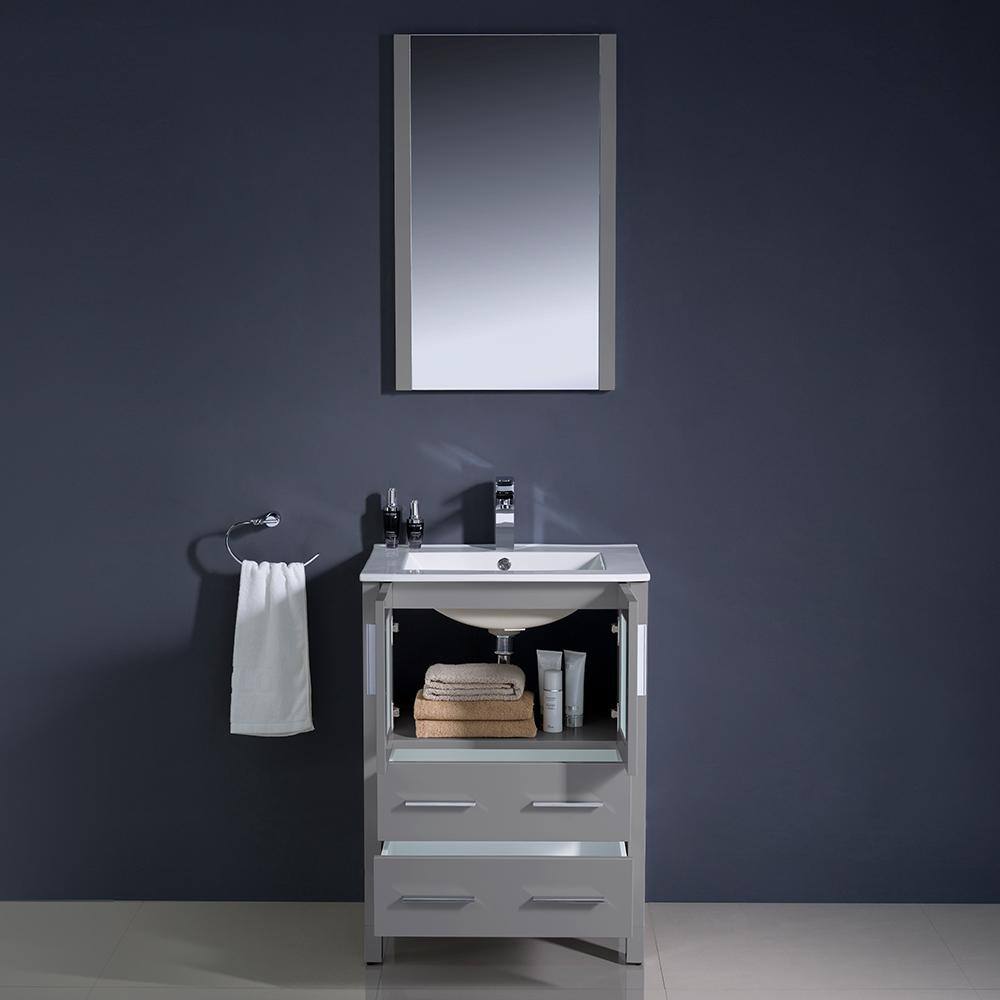 Gray Ceramic and Engineered Wood Single Vanity Set with Mirror