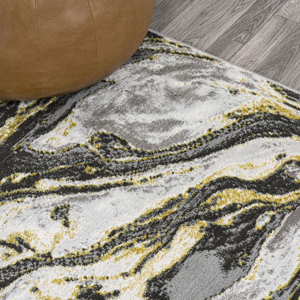 Abstract Swirl Marbled 5x8 Black/Yellow Synthetic Area Rug