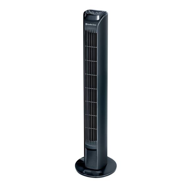 Comfort Zone 30 in. 3-Speed Oscillating Black Tower Fan with Remote Control