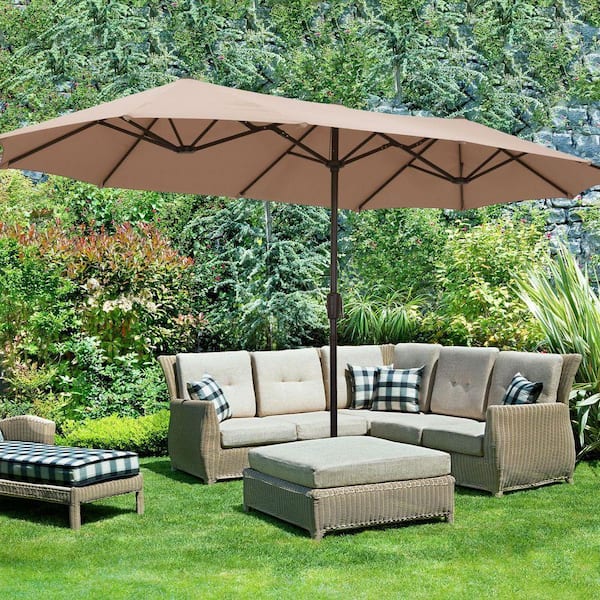 ainfox patio umbrella 7.5FT Outdoor Table Umbrella,Market Umbrella with Push Button Tilt and Crank for Garden, Lawn, Deck, Backyard & Pool Gray layer design blocks harsh UV rays without trapping heat Ainfox 15ft 3-Tier Patio Umbrella