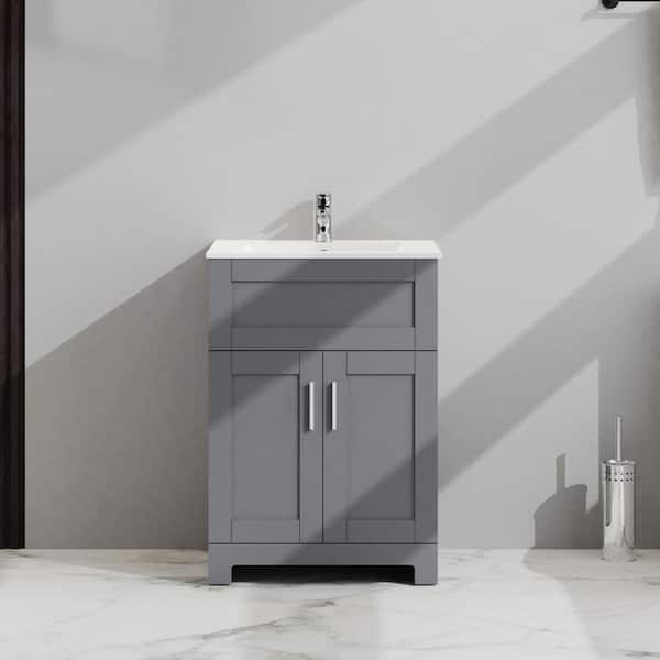 Unbranded 24 in. W x 18 in. D x 34 in. H Freestanding Bath Vanity in Gray with White Ceramic Sink