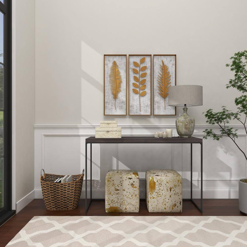 Gold and White Rectangular 3D Leaf Wall Sculpture Set