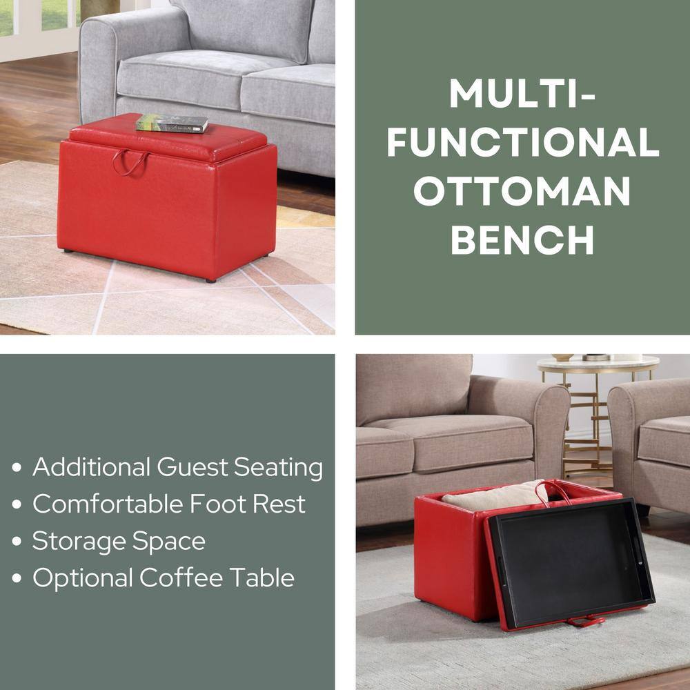 Versatile Bright Red Faux Leather Ottoman with Reversible Tray