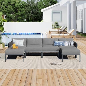 High End 6-Piece Gray Aluminum Outdoor Sectional Set with Olefin Thick Gray Cushions and Pillows