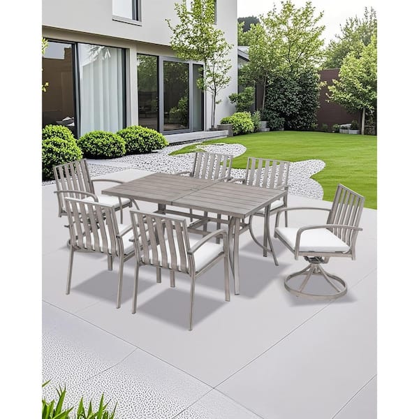 RUIZI Gray 7-Piece Aluminum Patio Outdoor Dining Set with 2-Swivel Dining Chairs, Rectangular Table and Beige Cushions