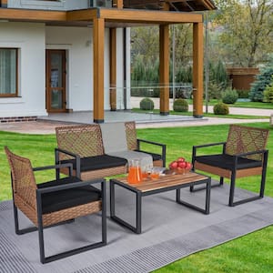 4-Piece Wicker & Metal Patio Conversation Set Outdoor Porch Garden Furniture Set With Table and Armchair, Black Cushion