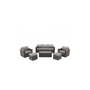Gray Wicker 6-Piece Outdoor Patio Sectional Sofa Conversation Set with Gray Cushions 1 Side Table and 2 Ottomans