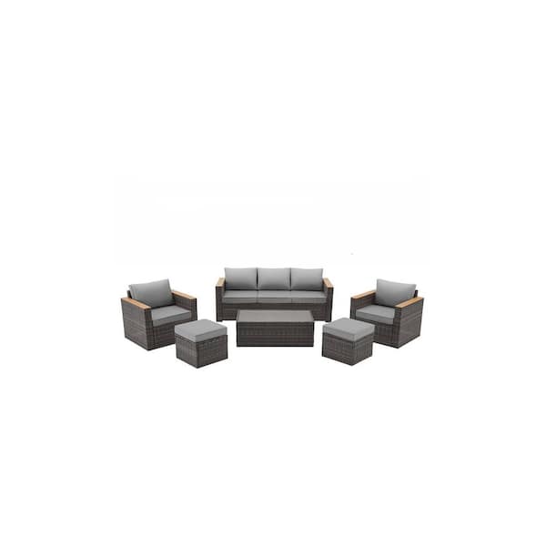 Zeus & Ruta Gray Wicker 6-Piece Outdoor Patio Sectional Sofa Conversation Set with Gray Cushions 1 Side Table and 2 Ottomans