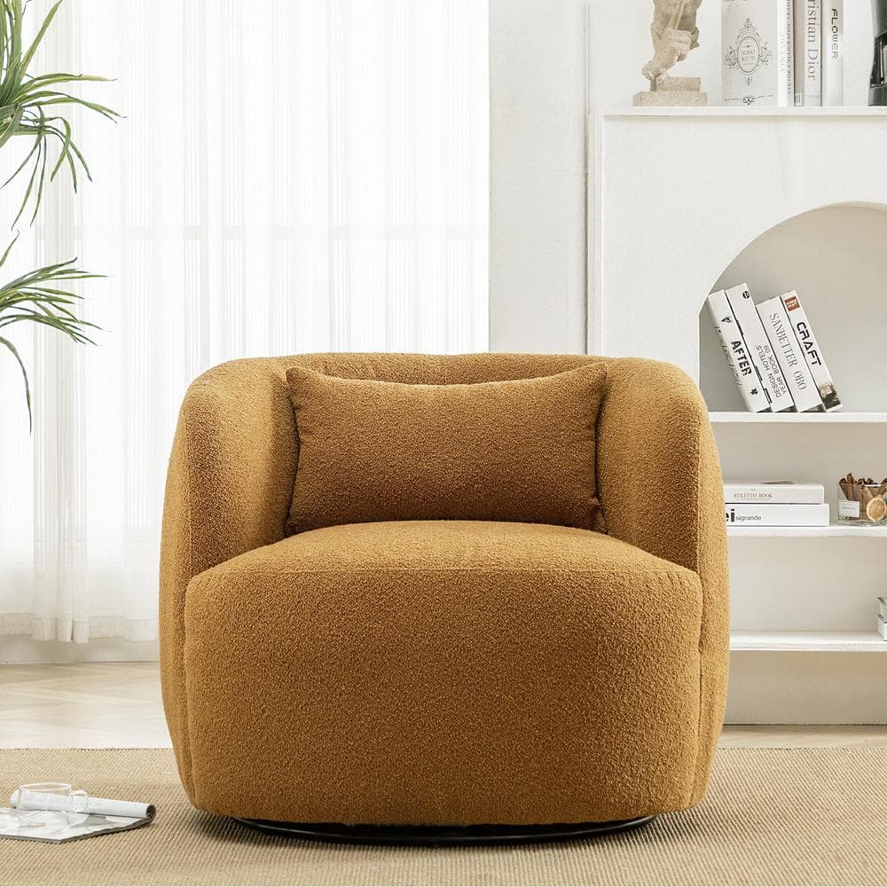 Brown Boucle Swivel Barrel Accent Chair with Pillow
