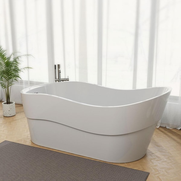 Empava 67 in. Acrylic Flatbottom Single Slipper Freestanding Soaking Bathtub in White with Polished Chrome Overflow and Drain