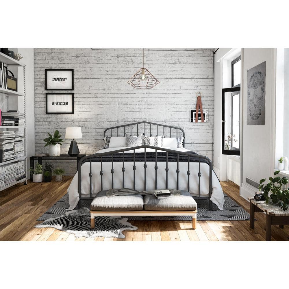 Gray Queen Metal Platform Bed with Headboard and Slats