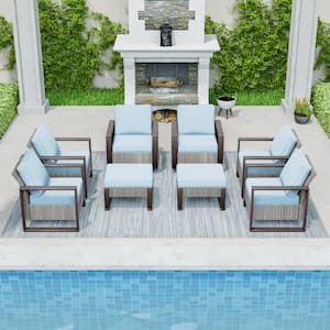 8-Piece Brown Rattan Wicker Outdoor Patio Conversation Set with Light Blue Cushions and Rocking Chairs