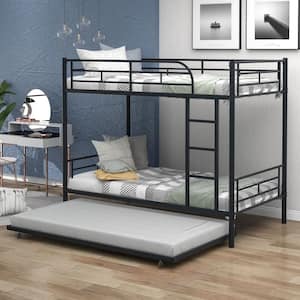 Black Twin Over Twin Metal Bunk Bed With Trundle, Can be Divided into 2 Beds