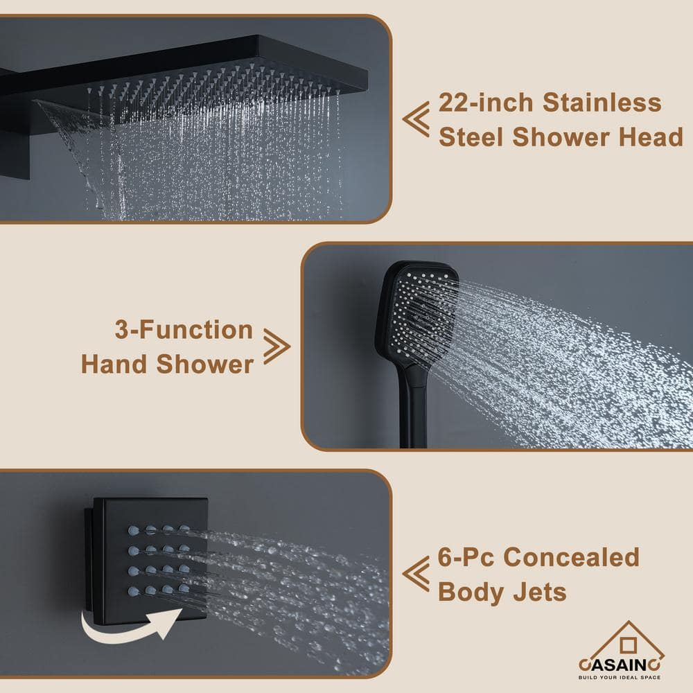 Matte Black Wall Mounted Rainfall Shower System with Body Jets