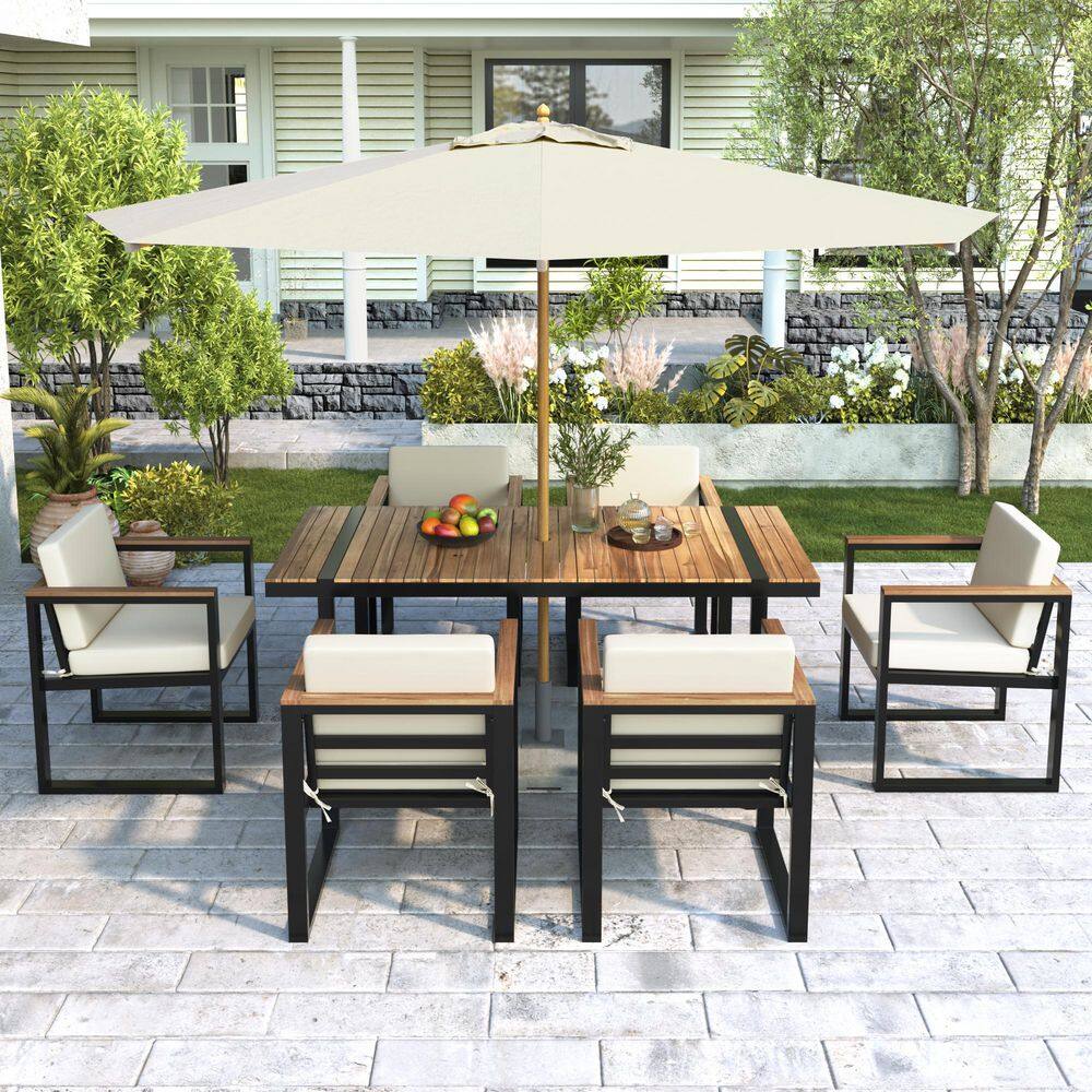 7-Piece Black Metal Patio Outdoor Dining Set with Beige Cushions and 1 Dining Table price history on PriceWatchPro