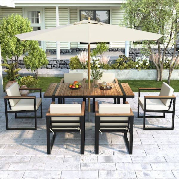 Zeus & Ruta 7-Piece Black Metal Patio Outdoor Dining Set with Beige Cushions and 1 Dining Table