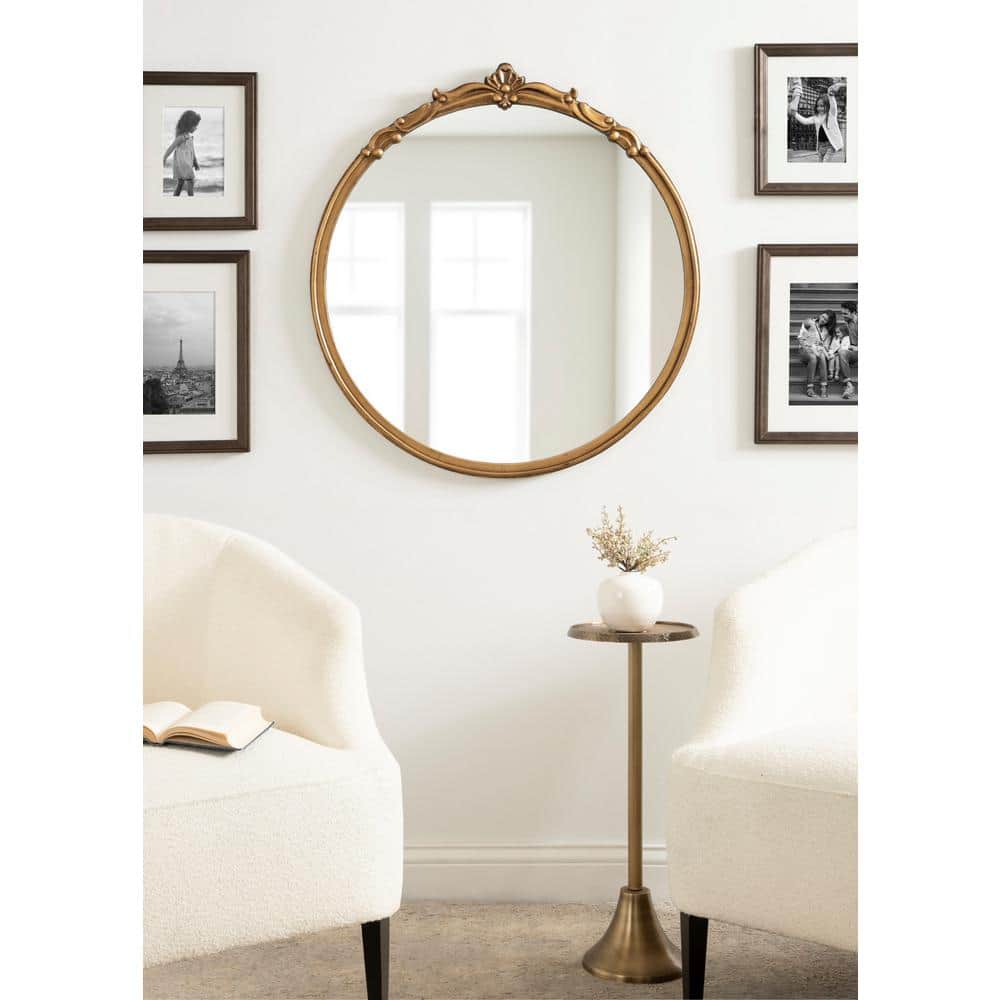 Elegant Gold Round 33" Baroque-Inspired Vanity Mirror