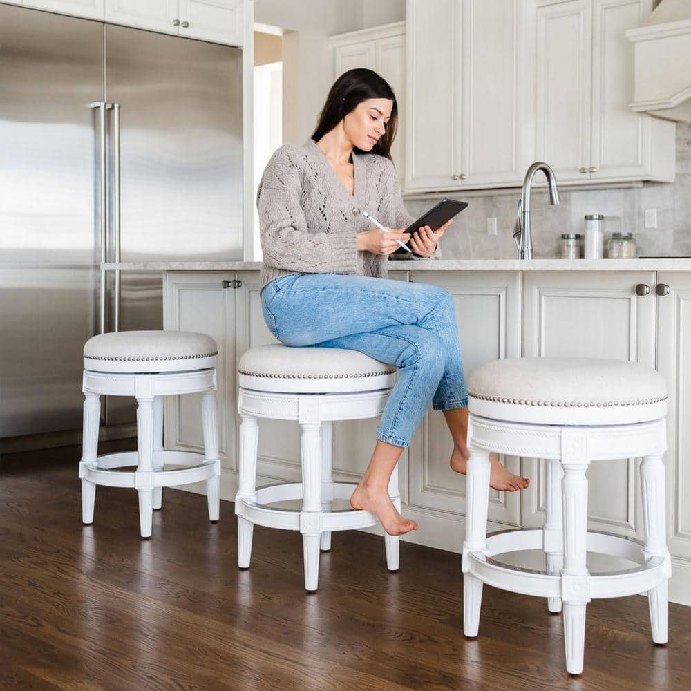 Alabaster White Swivel Backless Bar Stool with Hand-Carved Wood