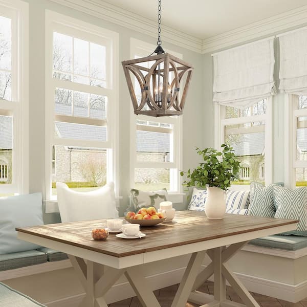Modern Farmhouse Cage Dining Room Chandelier 4-Light Handcrafted Wood Chandelier