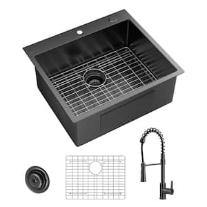 25 in. Drop-In Single Bowl 18 Gauge Gunmetal Black Stainless Steel Kitchen Sink with Black Spring Neck Faucet