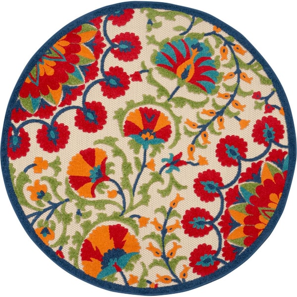 Aloha Red/Multi 4 ft. x 4 ft. Round Floral Contemporary Indoor/Outdoor Patio Area Rug