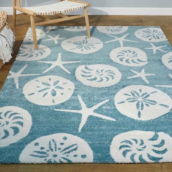 Stafford Light Blue 5 ft. x 7 ft. Nautilus Medallion Coastal Area Rug