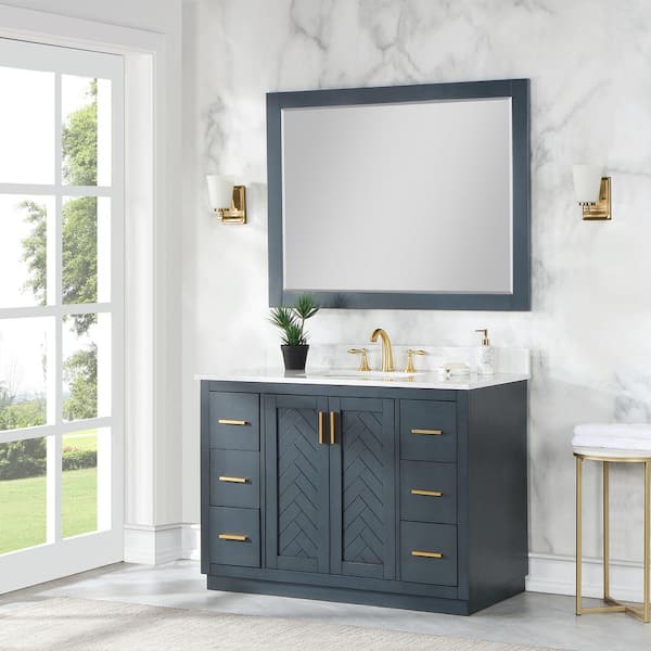 48 in. W x 36 in. H Rectangular Framed Wall Bathroom Vanity Mirror in Navy Blue
