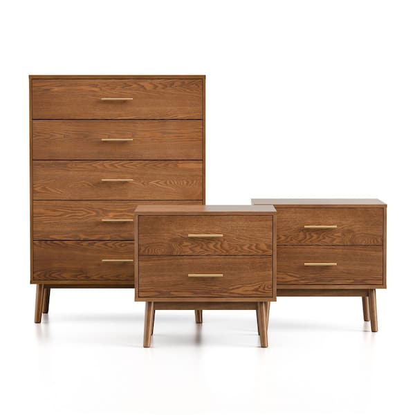 Riverstone 3-Piece Walnut 2-Drawer 23 in. W Set of 2 Nightstands and Chest with Round Tapered Legs
