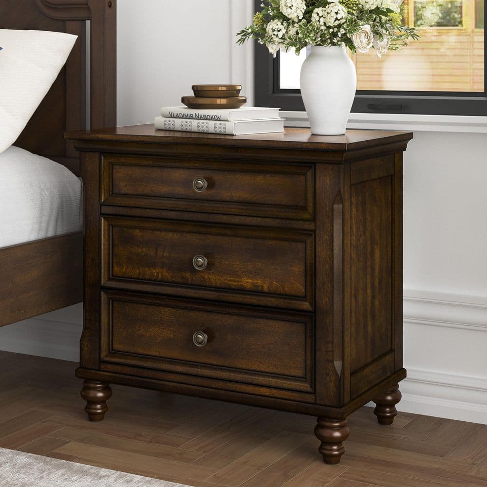 OrangeOne Dark Walnut Brown 28 in. W Nightstand 3 Drawers Storage