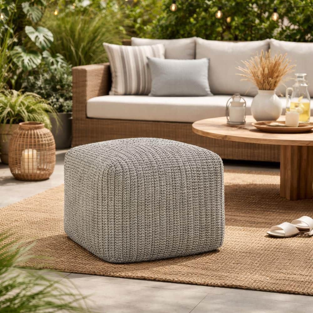 Benjara Slick Gray Recycled Handwoven Fabric Outdoor Pouf Ottoman
