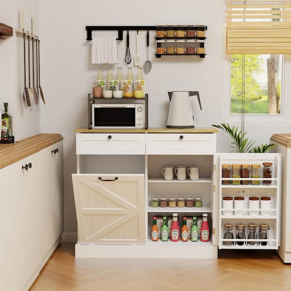Unbranded White Wood Pantry Organizer with 2 Drawers and 1 Tilt Out Trash Cabinet and 1 door with storage rack and 2 Shelves