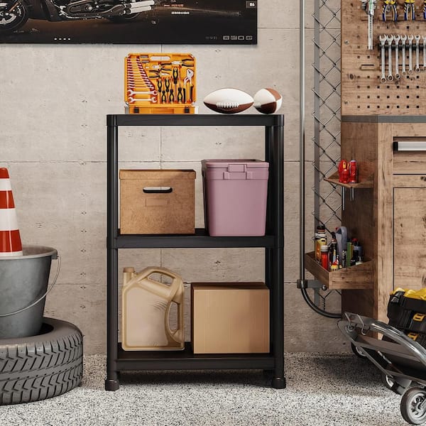 3-Tiers Plastic Fixed Shelves Garage Storage Shelving Unit in Black (24 in. W x 37 in. H x 12.5 in. D) Set of 1