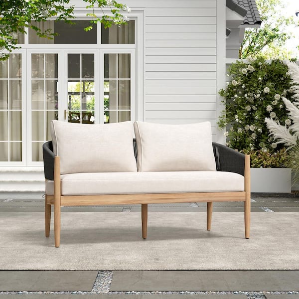 Natural Wood Outdoor Loveseat with Beige Cushions, Black Rope