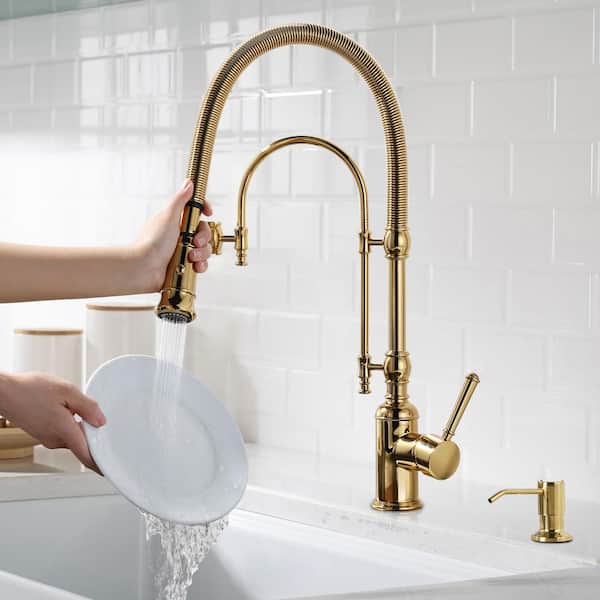 Solid Brass Single Handle Pull Down Sprayer Kitchen Faucet with Soap Dispenser in Gold