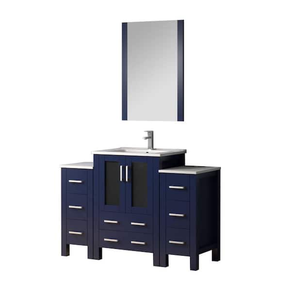 Volez 48 in W x 18.25 in D Navy Blue Bath Vanity with Side Cabinets, Faucet Set, White Ceramic Top, and 22 in Mirror