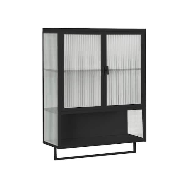 23.62 in. W x 27.56 in. H Rectangular Black Metal Surface Mount Medicine Cabinet without Mirror, with Towel Rack