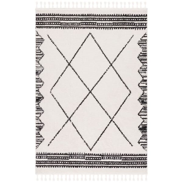 Moroccan Tassel 8 ft. x 10 ft. Ivory/Black Diamond Tassel Area Rug