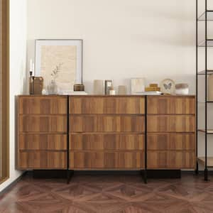 Brown Walnut Grain Finish 12-Drawers 70.9 in. Width Double Dresser Accent Storage Cabinet Organizer Handleless Design