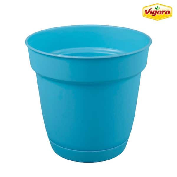 Vigoro 6 in. Bea Small Azure Blue Resin Planter (6 in. D x 5.3 in. H) With Drainage Hole and Attached Saucer