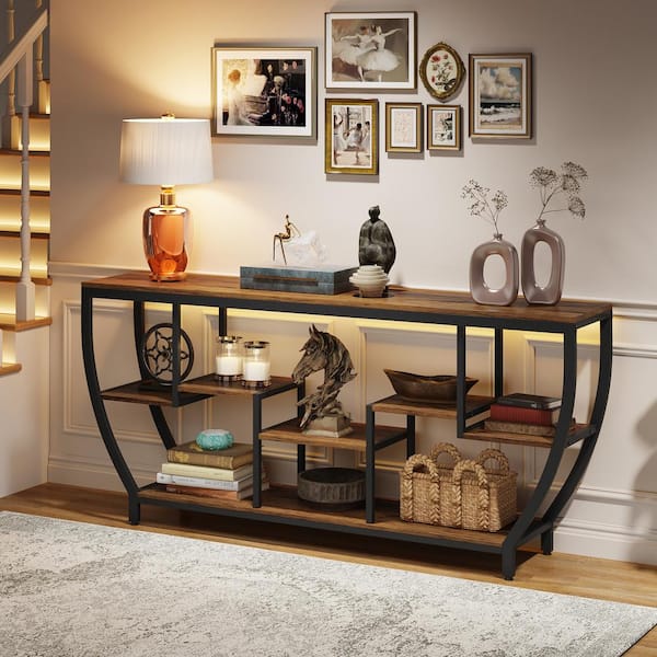 Benjamin 71 in. Brown Rectangle Wood Console Table with 3-Tier Storage, Extra Long Entryway Table Sofa Table
