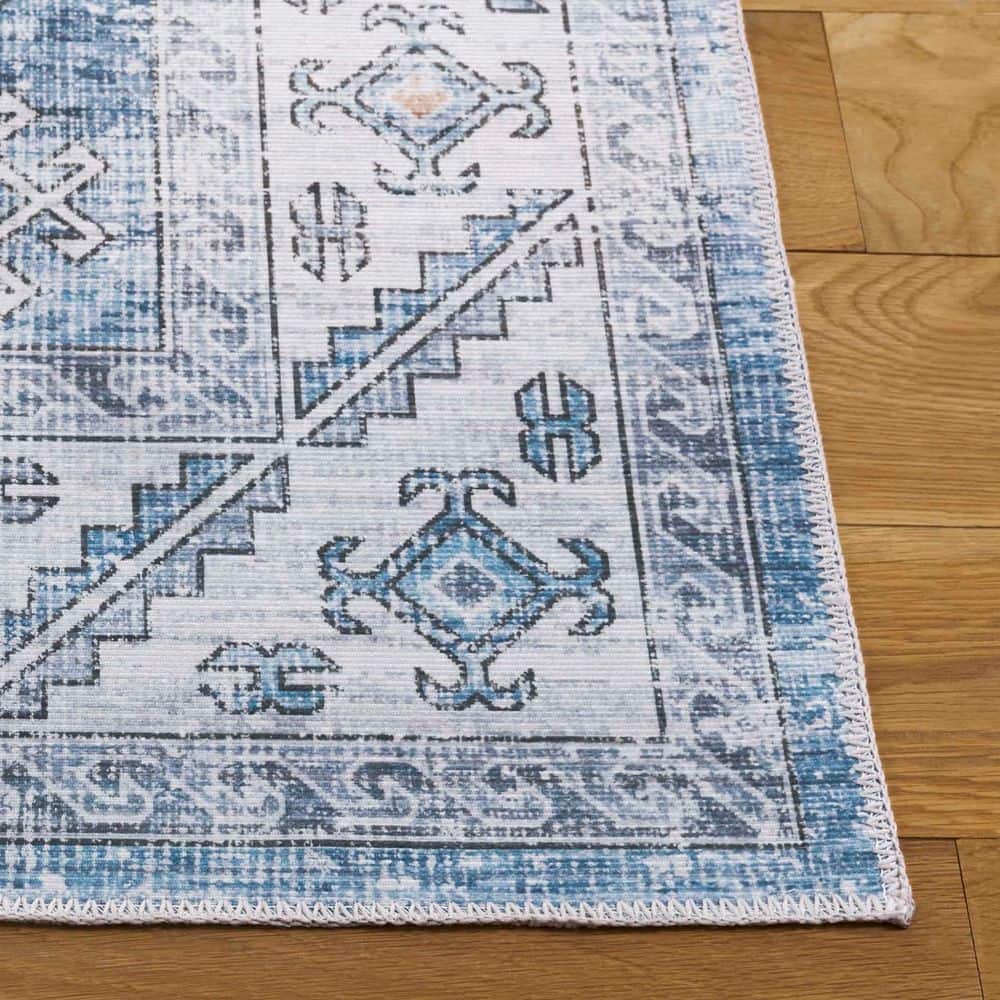 Light Blue Geometric Washable Synthetic Area Rug, 5' x 8'