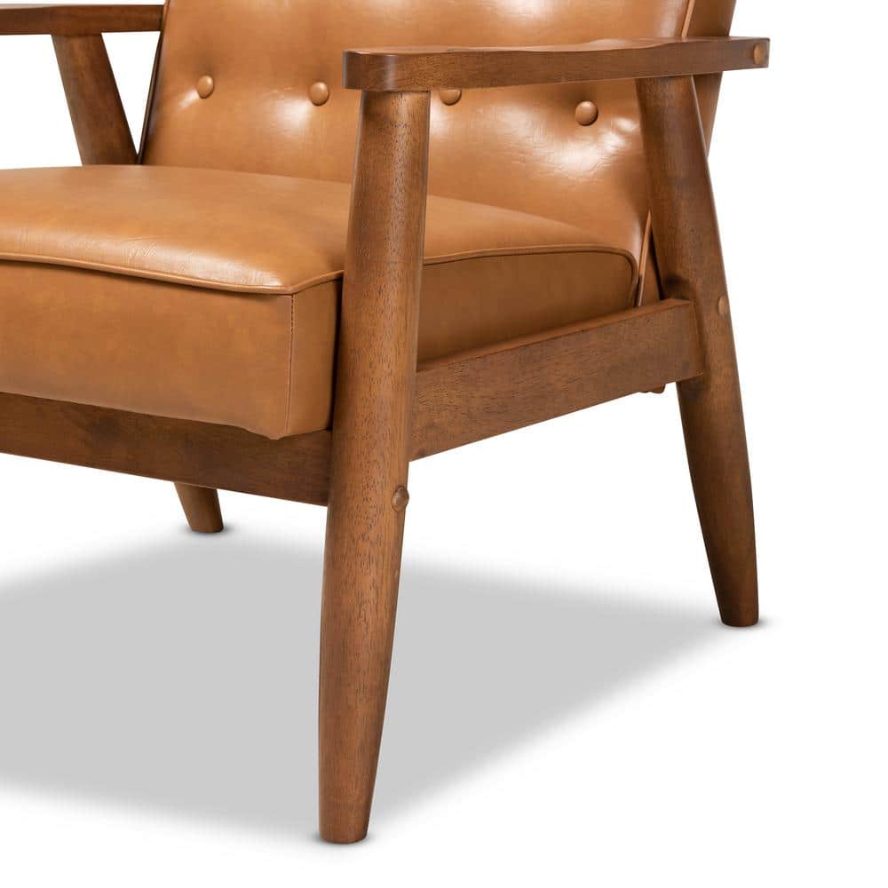 Walnut Brown Faux Leather Mid-Century Accent Chair