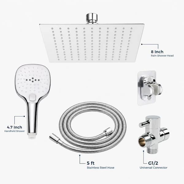8 in. Square 5-Piece Shower Combo Set with 8 in. Rainfall Head, Handheld Shower, 5 ft. Hose and 3 Modes in Chrome Finish